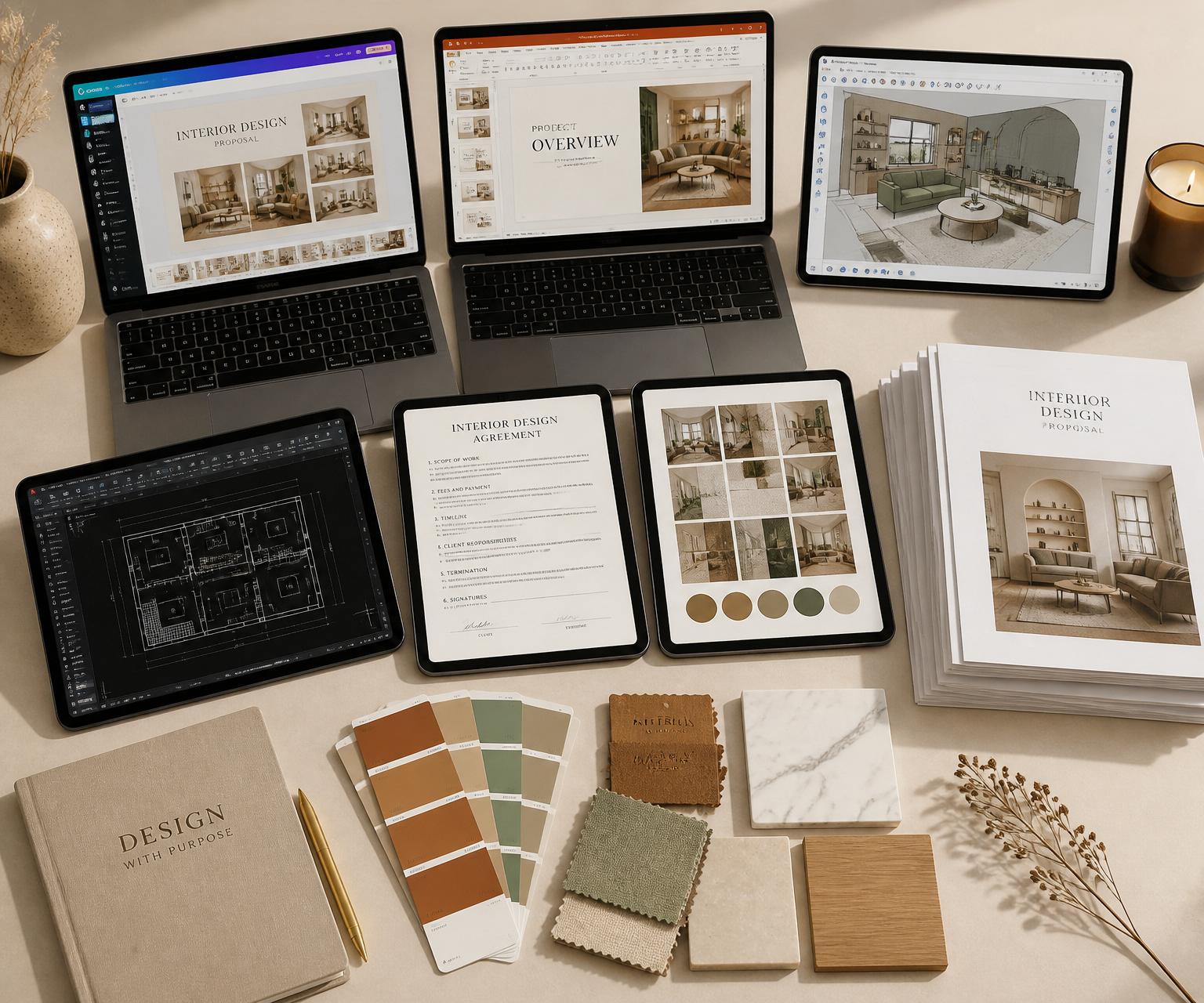 The Letsdfy Toolkit — Canva, PowerPoint, SketchUp, AutoCAD, contracts and moodboards open on multiple screens